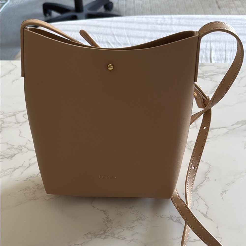 Samara Tan Leather Shoulder Bag with Bucket Shape and Thin Strap